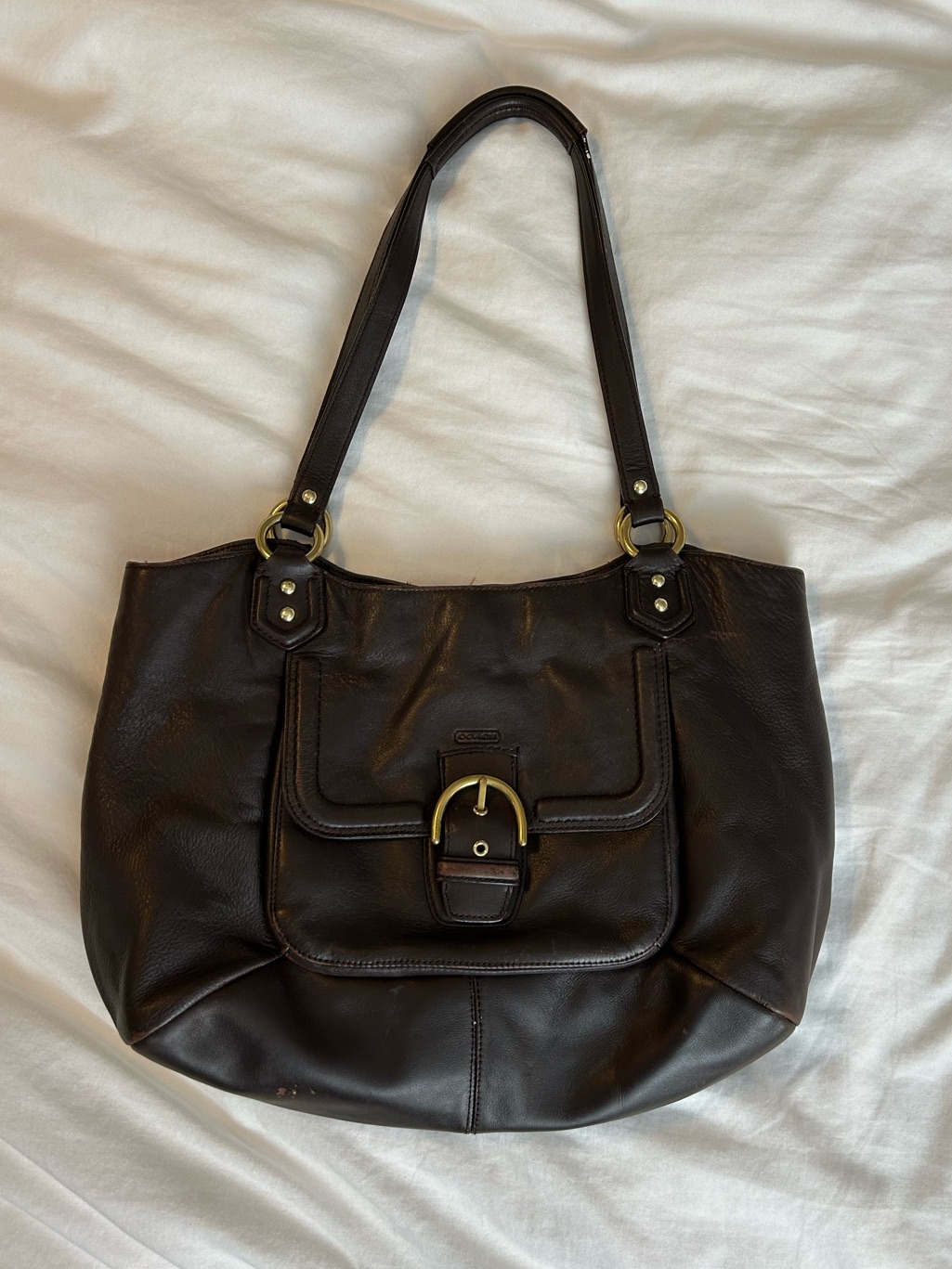 Coach Leather Shoulder Tote Bag In Dark Brown